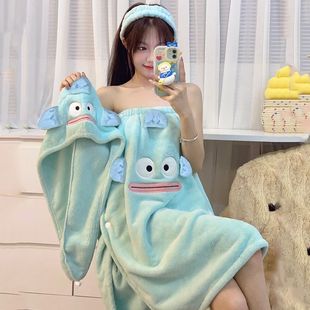 Wearable and Wrapable Cartoon Ugly Fish Three-Piece Bath Towel Student Absorbent Bathrobe Dry Hair Cap Towel Bath Home Bath Skirt