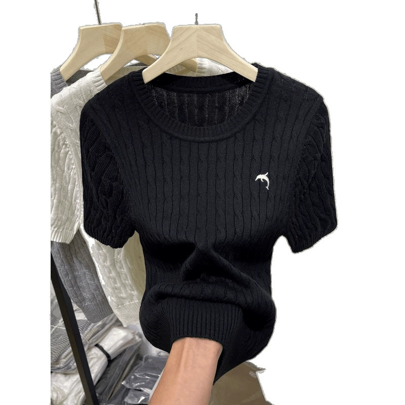 Retro knitted sweater with a round collar, summer T-shirt, brace, with embroidery