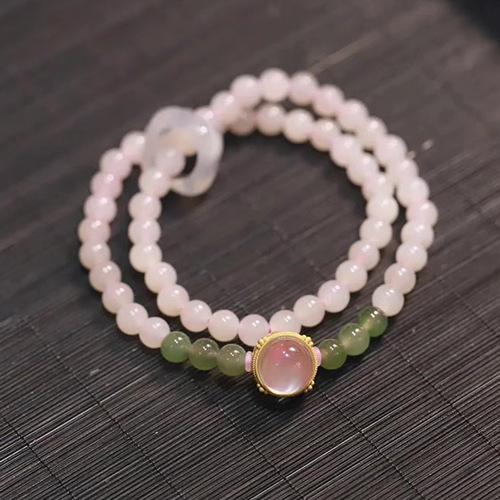 Natural Hetian Jade and Lotus Root Powder Double Ring Bracelet with Silver Plated Gold Border and Agate Running Rings - Chinese Women's Style Bracelet for Xiaohongshu