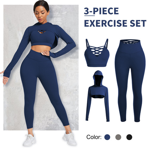  New Yoga Wear Set Cross Back Beauty Underwear Hooded Top Three-piece Sports Suit One Piece Dropshipping