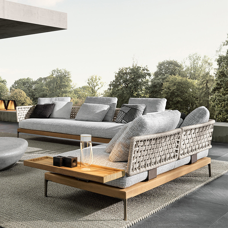 Combinación de sofá de ratán al aire libre Villa nórdica Patio Ocio Muebles de madera maciza Balcón Combinación de cuerda trenzada impermeable y solar