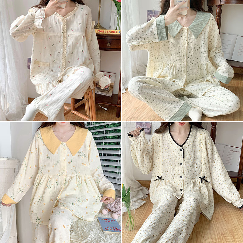 New Pure Cotton Gauze Moon Clothing Spring and Autumn Pregnant Women Loose Breathable Feeding Pajamas Postpartum Summer Thin Feeding suit