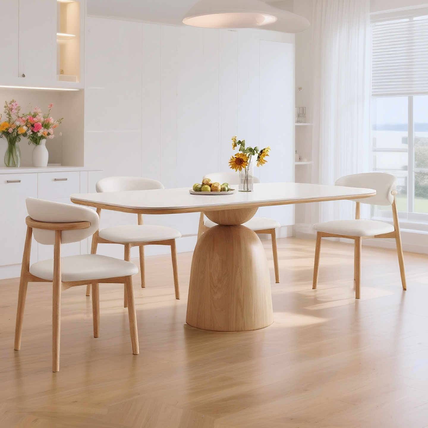 Cream Style Solid Wood Slate Dining Table and Chair Combination Rectangular Matte Pure White Home Simple Nordic Ash Wood Dining Table