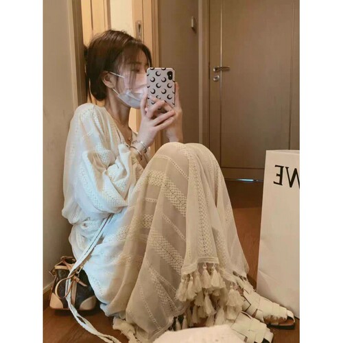 Yunnan Lijiang Tourist Women's Island Vacation Outfit Summer Sun Protection Long Sleeve Tassel Dress with Cardigan Outerwear