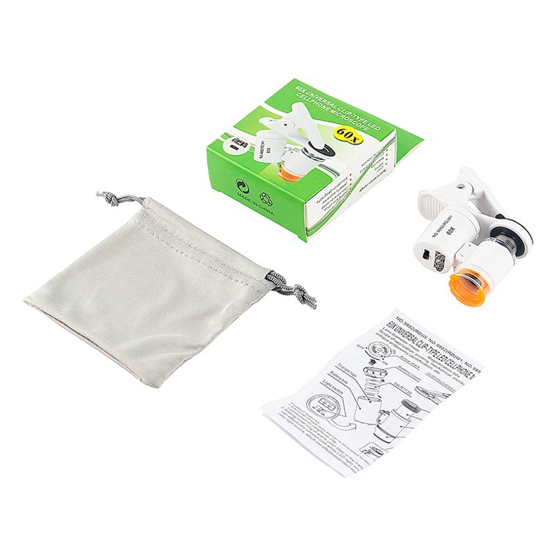 Новый продукт 60-кратный портативный зажим для мобильного телефона Микроскоп холодный и теплый свет 2 светодиода 1 УФ-лампа антикварное идентификационное увеличительное стекло