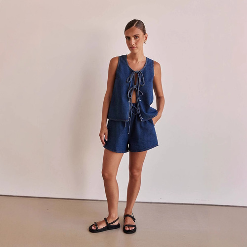 Independent station cross-border European and American style summer fashion casual sleeveless lace-up high waist women's vest denim suit shorts
