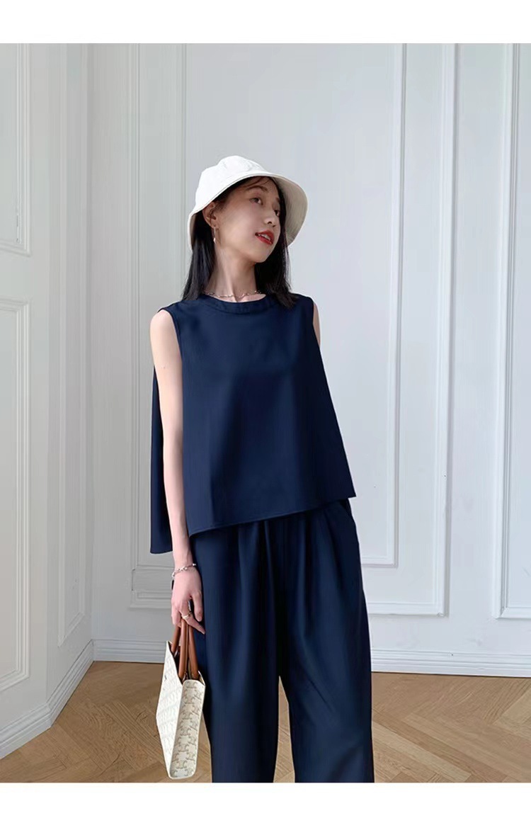 Bộ áo không tay phối quần ống rộng nữ phong cách trưởng thành mùa hè FL222202 — Màu xanh lam đậm, Màu trắng chi tiết 8