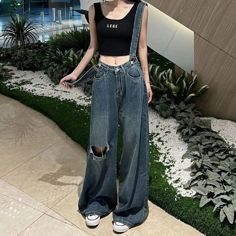 Dopamine Denim Overalls Women's Summer Latest Detachable Shoulder Strap High Waist Loose Slimming Ripped Wide-leg Trousers