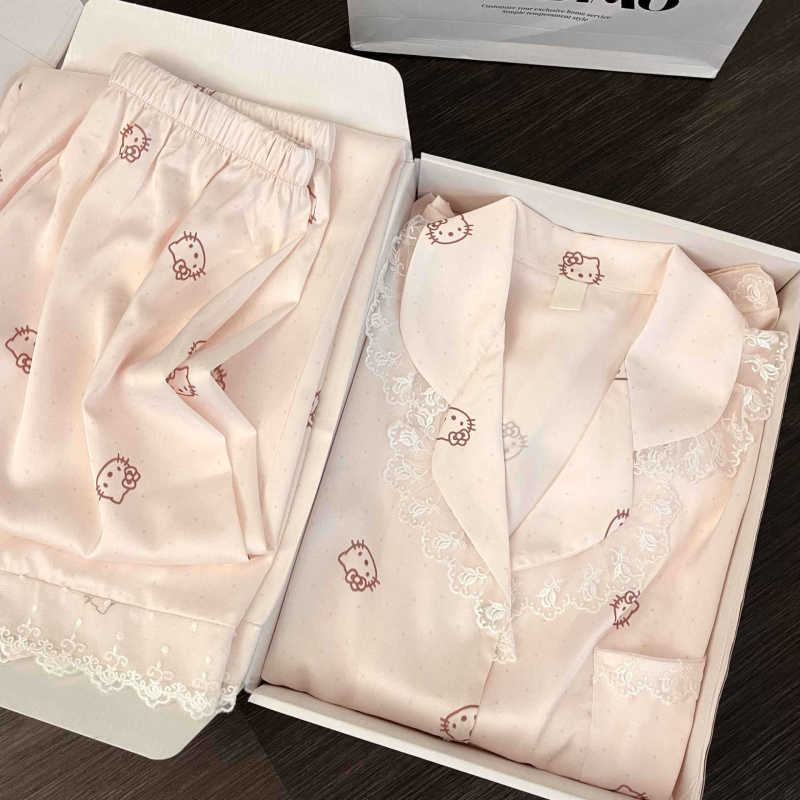 【现货】甜美Kitty花边长袖睡衣女春秋季冰丝亲肤长裤家居服套装|undefined