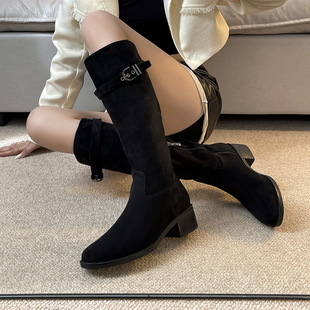 Autumn and Winter Korean Style Retro Suede Coarse Heel Maillard High Boots All-match Slimming Knight Boots But Knee Boots Women