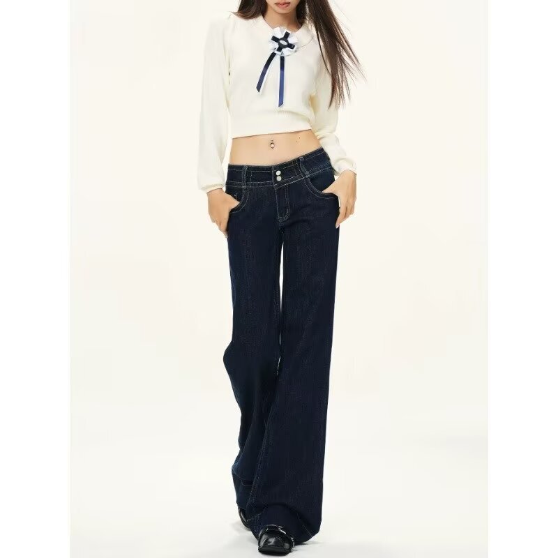 Denim dark blue wide-leg jeans for women, spring and autumn 2026 new model, hip-covering, pear-shaped body, slim straight pants