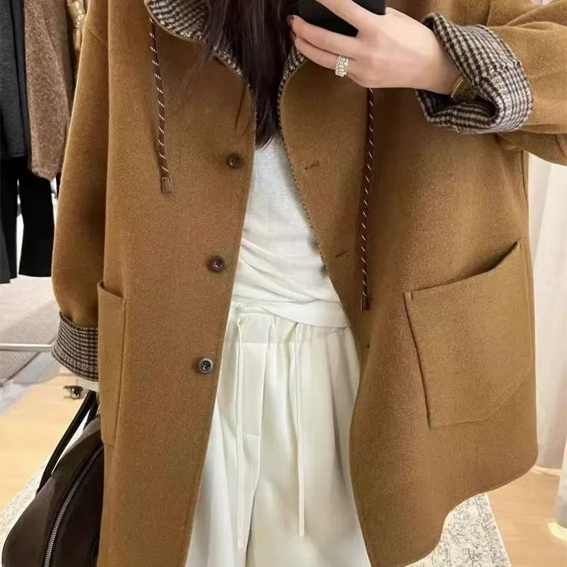 Сетка Red Fun 2024 осень и зима с капюшоном в клетку чистый цвет шерстяная шерстяная шерстяная шерстяная куртка дикий шерстяная куртка