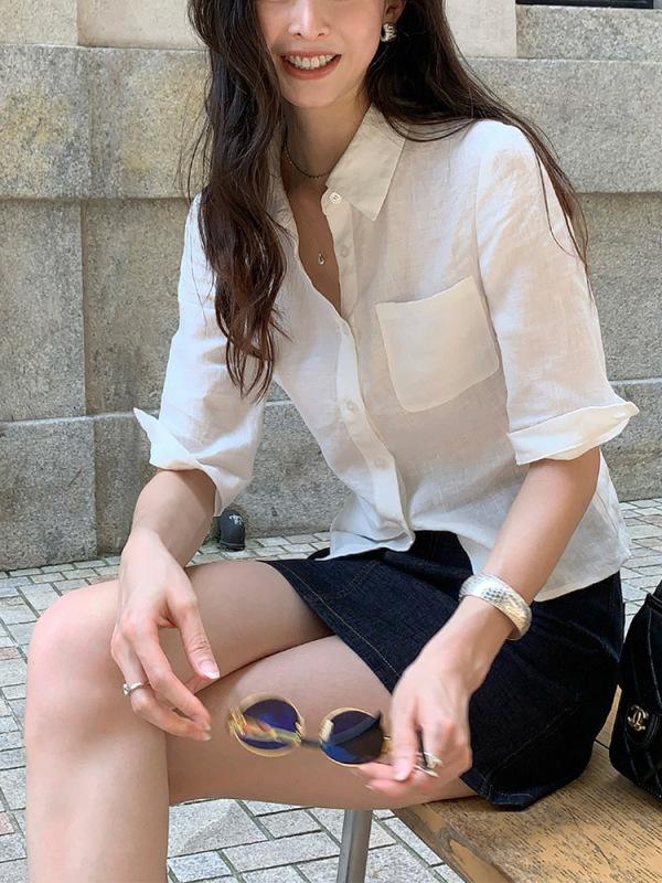 高知气质亚麻中袖衬衫通勤简约透气舒适小众设计款显瘦收腰女上衣|undefined