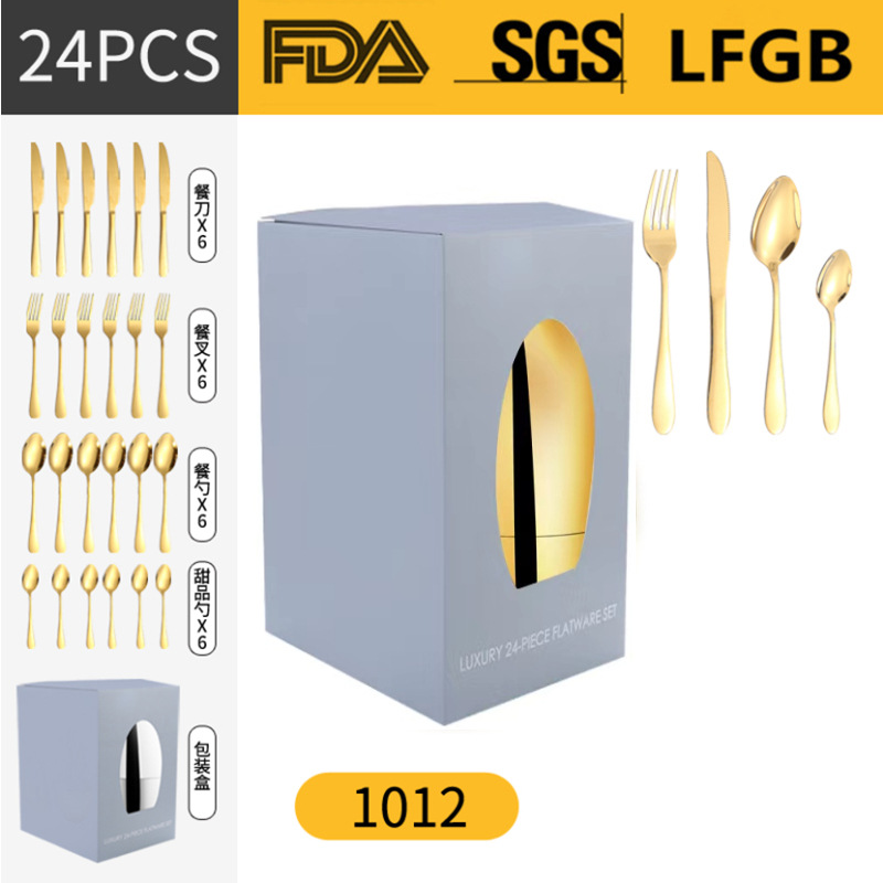 Amazon transfronteriza suministro de humor huevo vajilla de acero inoxidable Juego de 24 piezas 4 piezas principales caja de regalo Cuchillo de comida occidental, tenedor y traje de cuchara