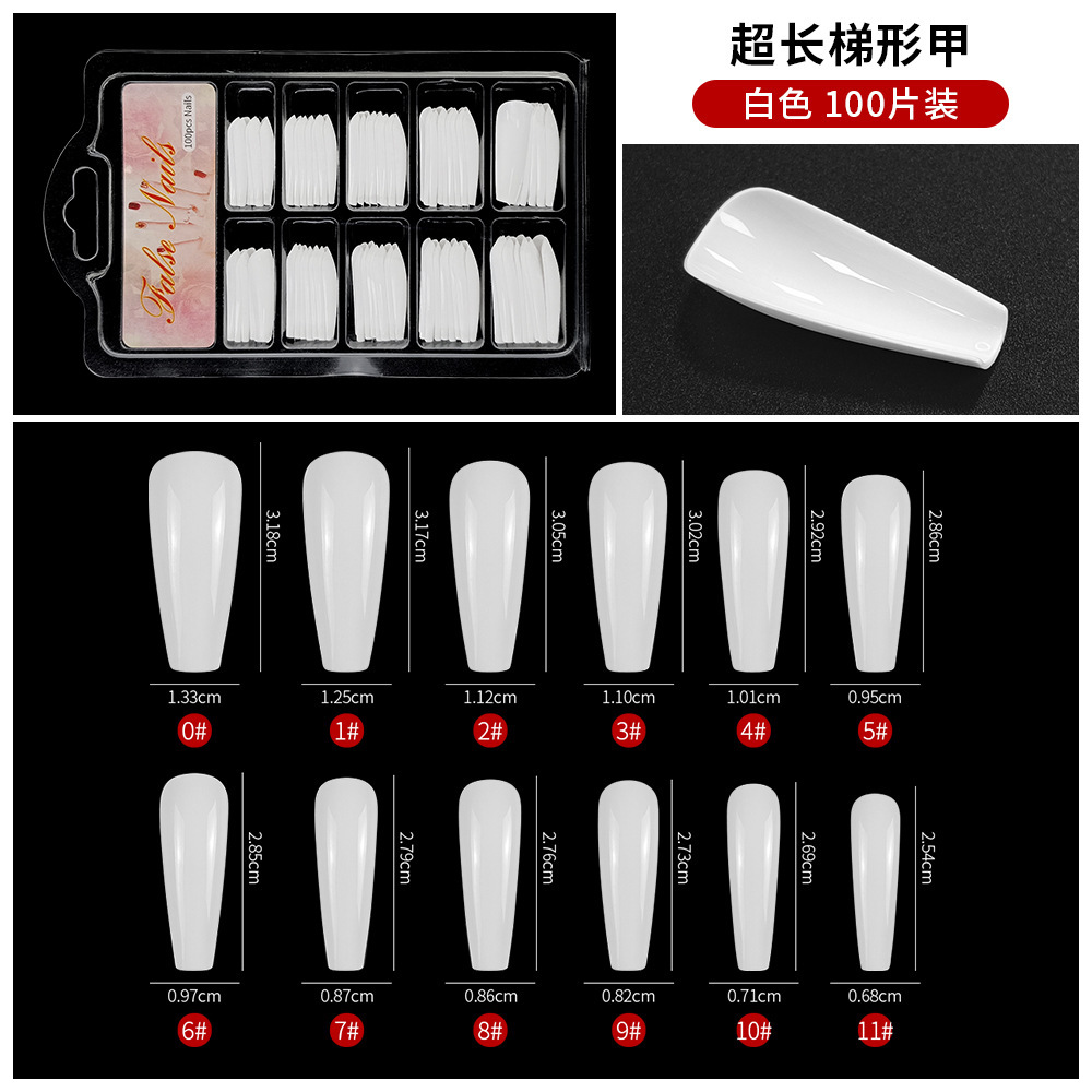 Uñas de ballet extra largas de color caramelo, 100 piezas en una pequeña caja azul con blíster, caja transparente, puntas de uñas trapezoidales con forma de ataúd.