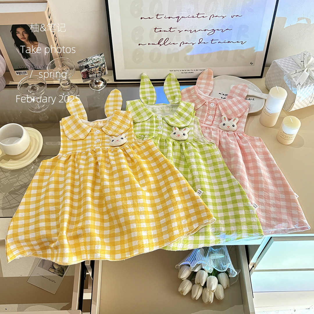 Foreign Trade Girl Doll Collar Rabbit Ears Dress 2025 Summer Cute Plaid Vest Dress Bunny Princess Dress