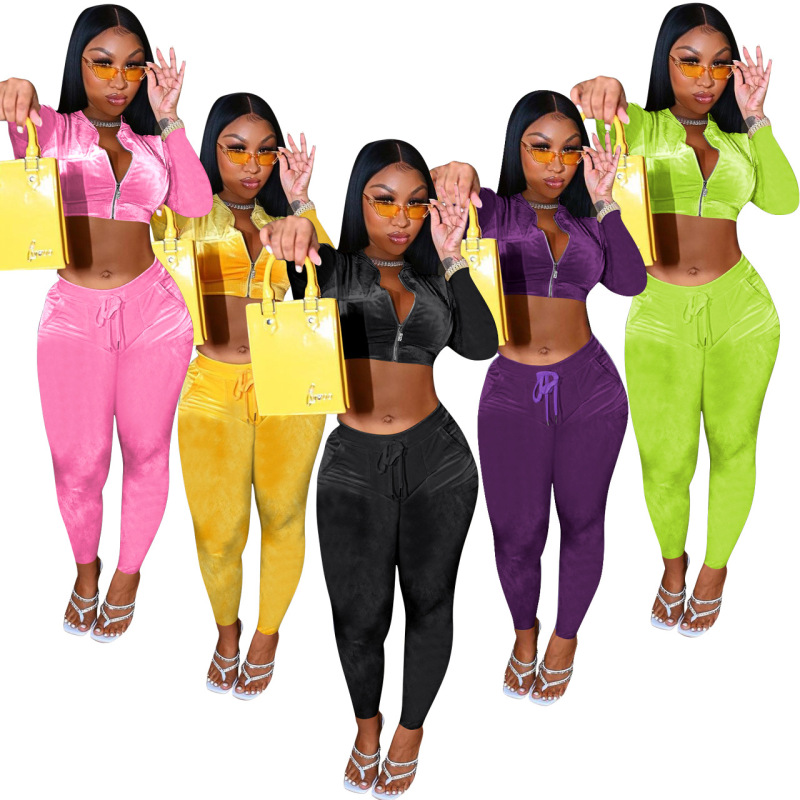 FE176 Special Price No Return No Change European and American Cross-border Women's Clothing suit Fall/Winter Gold Velvet Solid Color Sexy Two-piece Set FE176 Special Price No Return No Change European and American Cross-border Women's Clothing suit Fall/Winter Gold Velvet Solid Color Sexy Two-piece Set