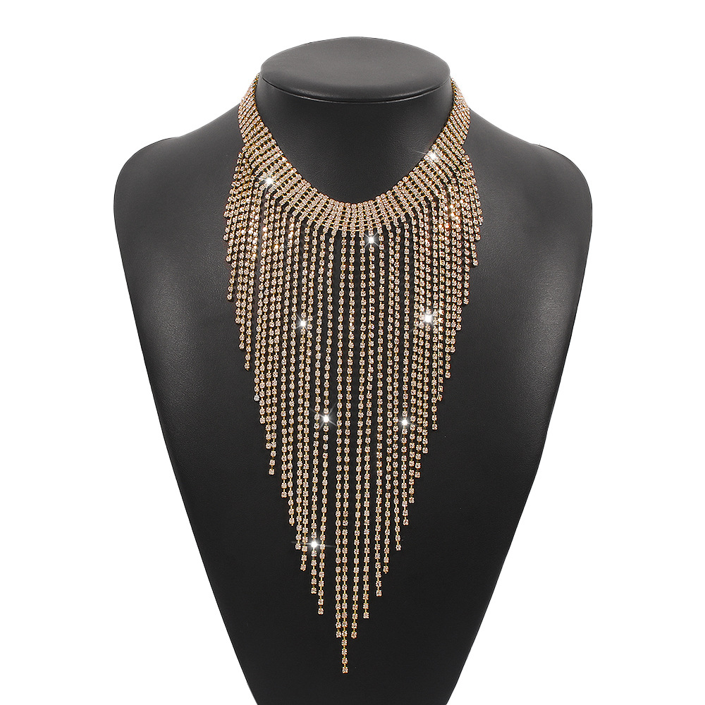 Designer style fashionable diamond tassel water diamond light luxury neck chain exaggerated nightclub style claw chain retro necklace_voghion.com