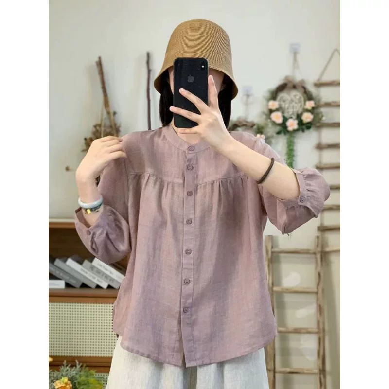 Хлопковые и льняные рубашки для женщин, весенне-летние новые модные повседневные ретро-литературные однотонные топы с рукавами три четверти для женщин