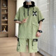 Trendy Brand Hooded Short-sleeved Boys Cool and Handsome Wear suit Summer Teenager Senior high school Students T-shirt Shorts Sportswear
