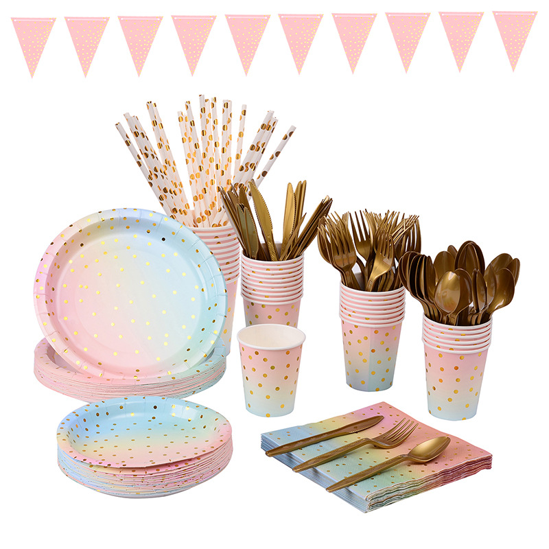 En stock transfronteriza Amazon fiesta banquete plato de papel desechable taza de papel servilleta cuchillo, tenedor y cuchara traje colorido serie
