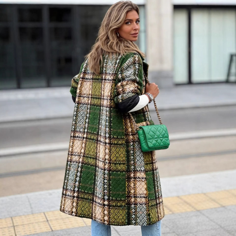 New Style Woolen Plaid Coat for Women, European and American Cross-Border Amazon Long-Sleeved Lapel Coat for Autumn and Winter