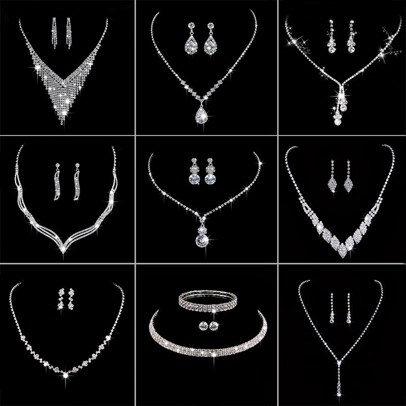 Collar de cadena de metal coreano con diamantes de imitación para boda, aretes de borla para novia, conjunto de joyería para banquete, venta al por mayor