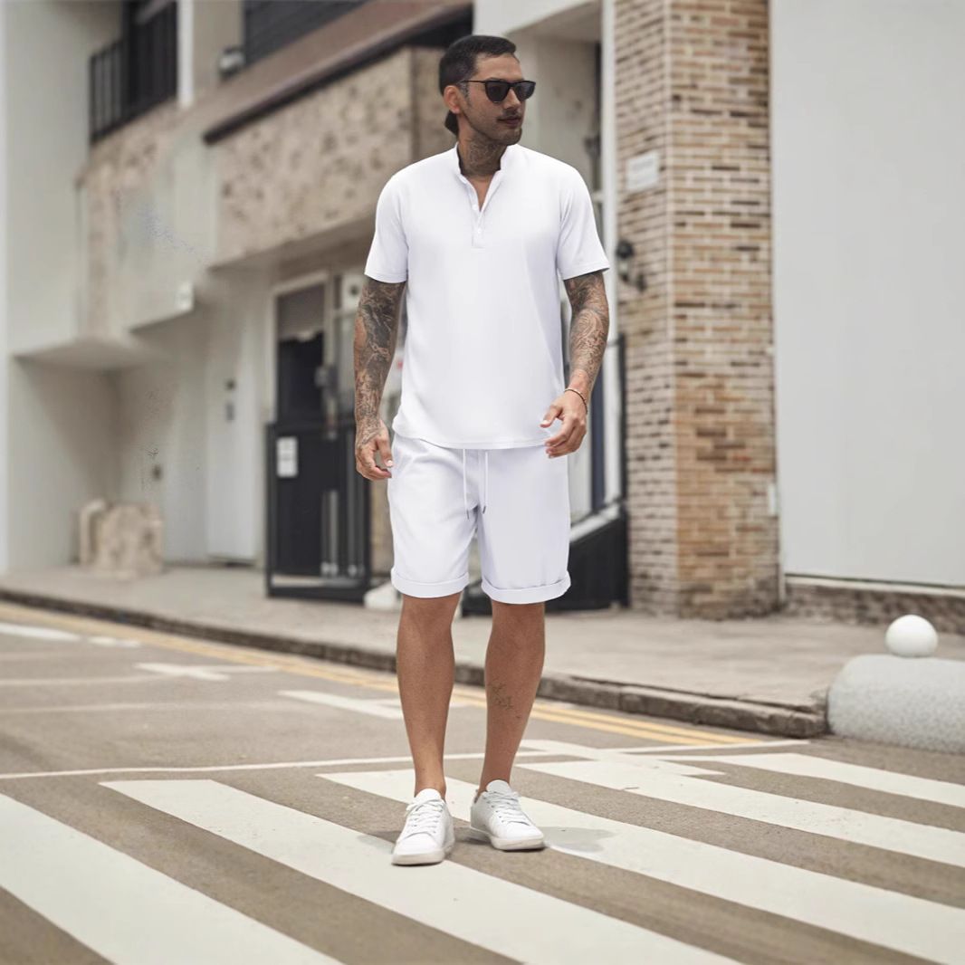Cross-Border Summer New European And American Men's T-Shirt Henley Shirt Casual Loose Shorts Short-Sleeved Solid Color_voghion.com