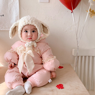 Baby winter warm down romper new national standard 90 velvet sweet baby outwear coat newborn jumpsuit