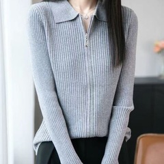 设计感双拉链针织开衫女翻领毛衣外套春秋修身显瘦长袖衬衫领上衣