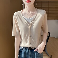 夏季新款女莱赛尔圆领假两件拼色短袖T恤时尚休闲薄款上衣针织衫