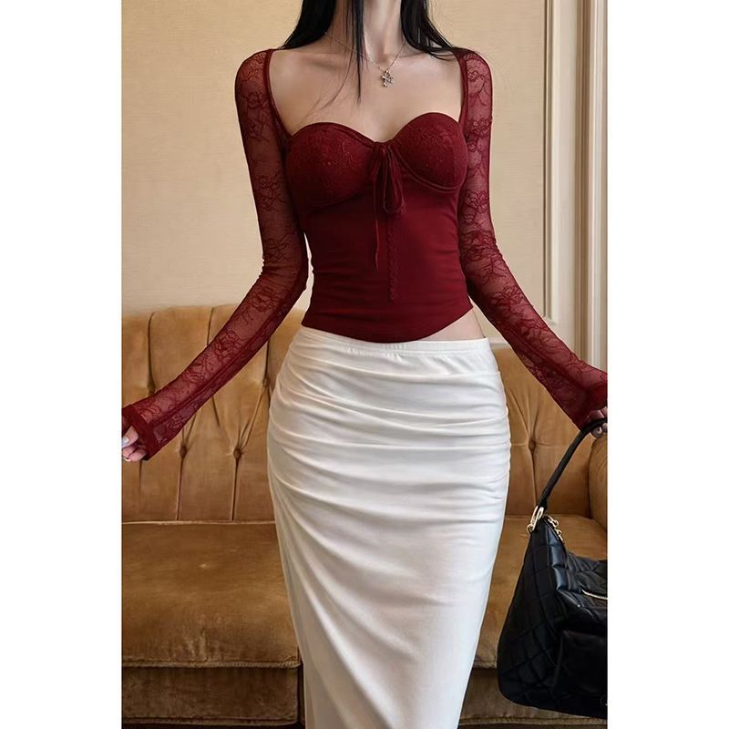 Retro burgundy lace spring long-sleeve