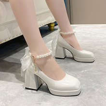 高跟小皮鞋女春秋2024新款白色法式婚鞋复古粗跟厚底玛丽珍鞋