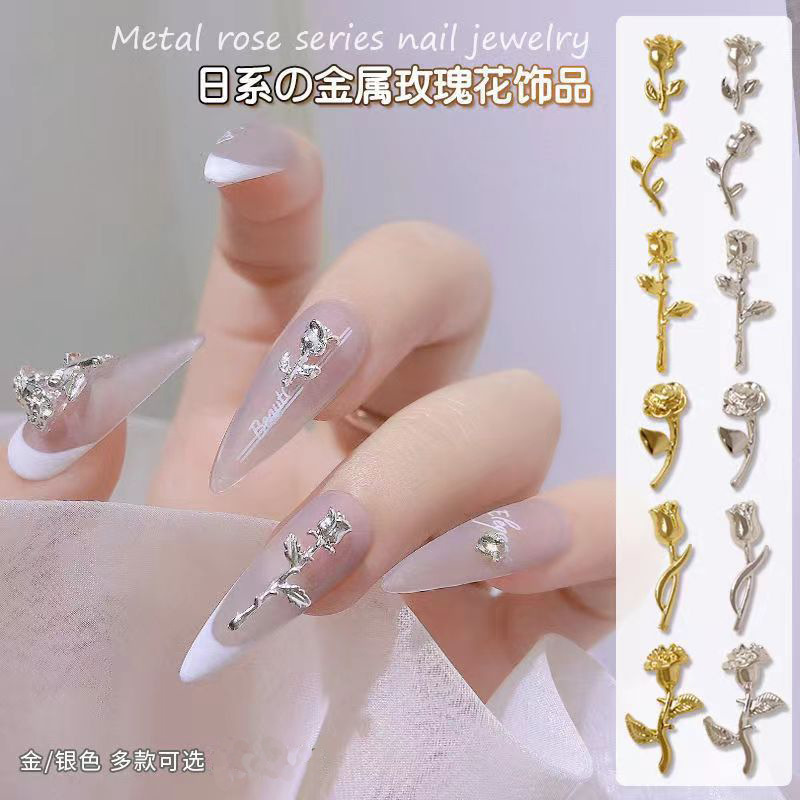 Nail art rose Japanese New Gold Silver exquisite metal rose flower Net red nail decorations wholesale