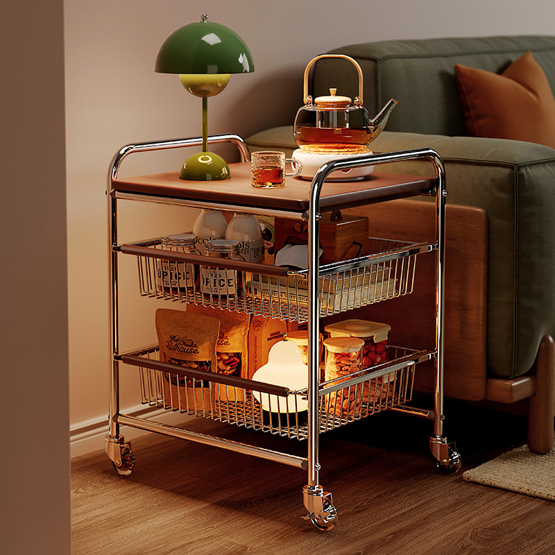 Estante de carro junto al sofá de estilo medio, gabinete bajo móvil, mesa de comedor de madera maciza, almacenamiento de bocadillos multicapa de sensación de alta calidad