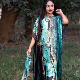 跨境批发沙滩罩衫长袍宽松防晒女比基尼欧美定位印花式性感衫外罩