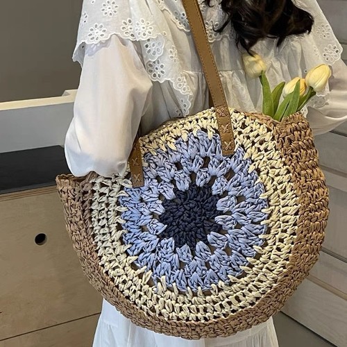 2024 New Paper Rope Lattice Colorful Large Round Grass Woven Bag Casual Beach Bag Single Shoulder Fashion Woven Handbag for Women
