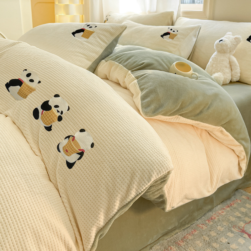Autumn and winter new waffle stereo milk velvet 4-piece set of rotten velvet class a with bamboo basket panda cute embroidery warm
