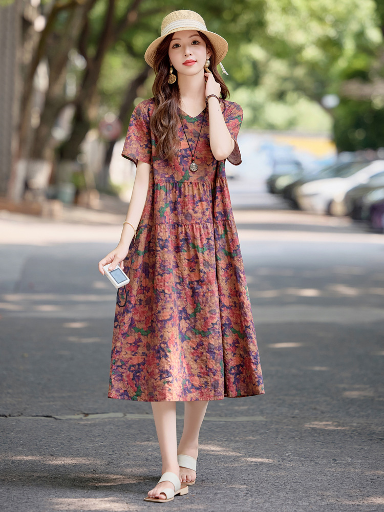 Đầm maxi nữ cotton linen in họa tiết thắt eo 2025 — Màu ảnh 03, Màu ảnh 04, Màu ảnh 01, Màu ảnh 02