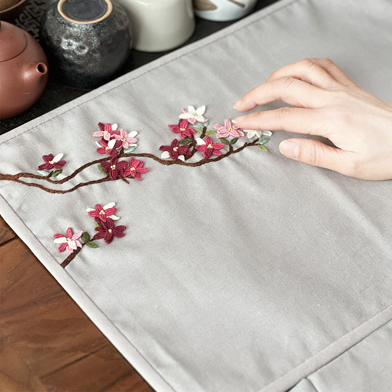 Bordado diy camelia estera de té estilo chino zen lu bordado hecho a mano diy estera de té de algodón y lino bordado tridimensional principiante bandera de té image 13
