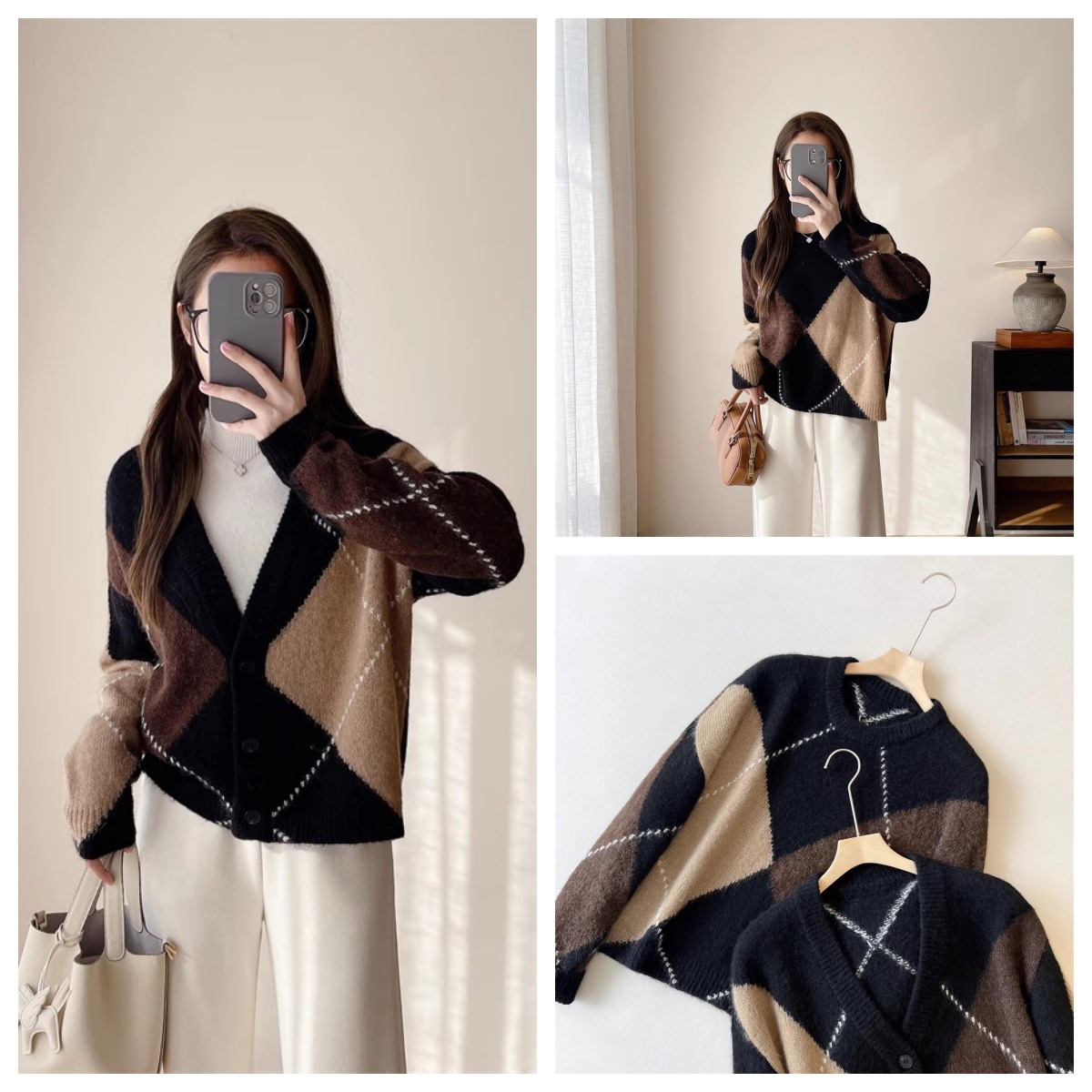 高端复古美拉德菱格毛衣V领格纹混纺针织衫开衫女冬季