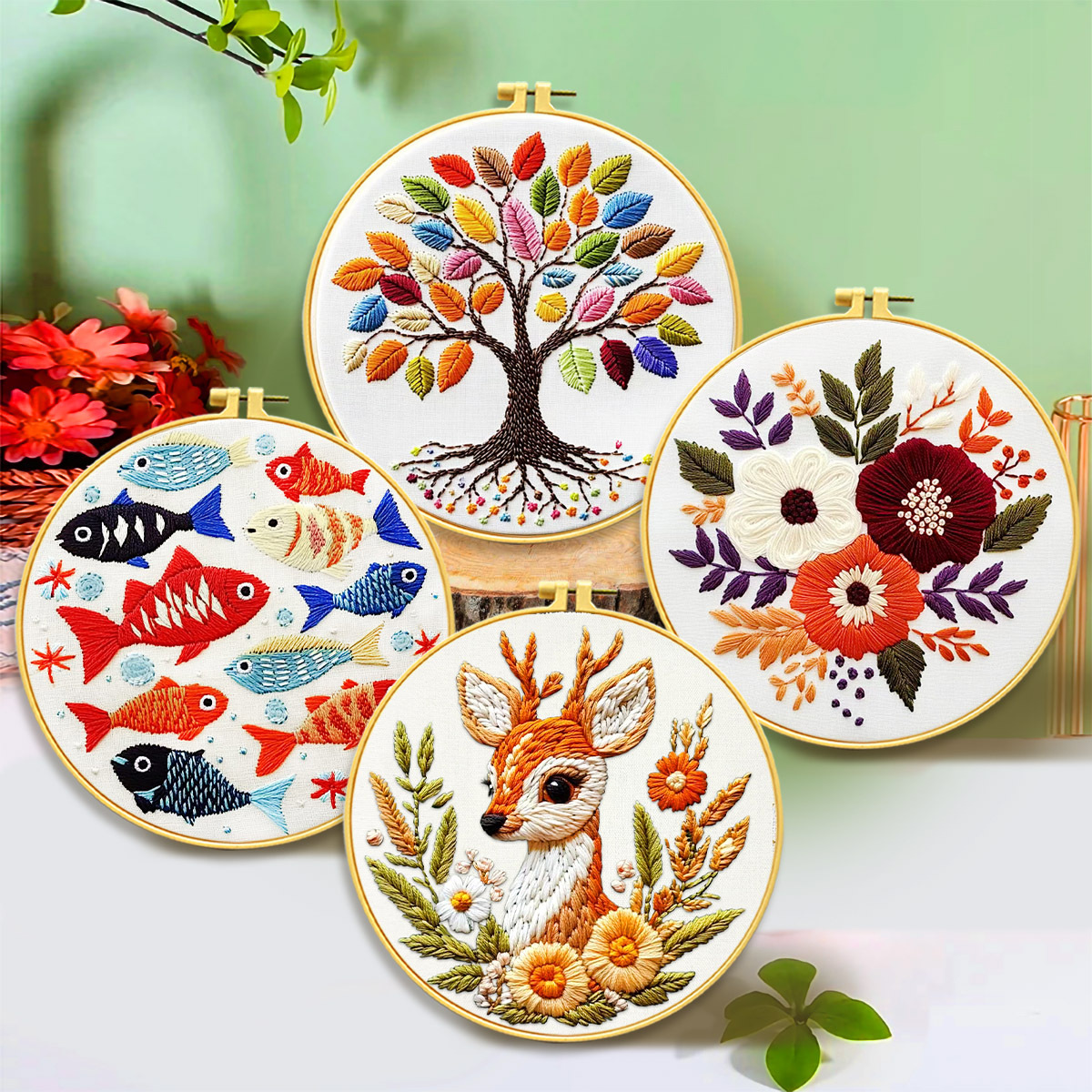 Compre una combinación de bordado de árbol de pez ciervo y obtenga 1 bordado, 1 pasador de agujas, 1 tijera