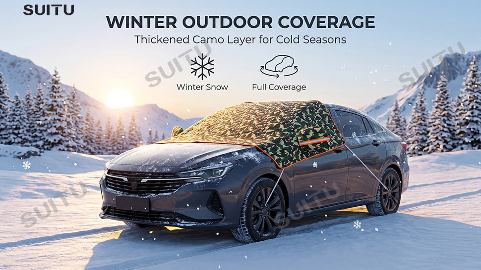 Car camouflage snow cover for winter, front windshield anti-freeze cover, anti-frost and anti-snow windshield cover, thickened car cover