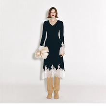 南油高端女装秋季新款法式优雅风V领针织上衣+蕾丝拼接半身裙套装