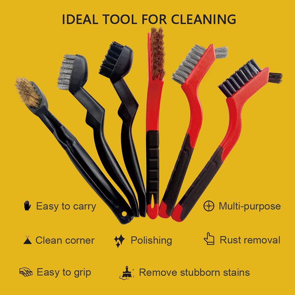 6-pack pequeño cepillo de alambre, traje de cepillo de limpieza incluye cepillo de latón cepillo de nylon cepillo de acero para limpiar escoria de soldadura