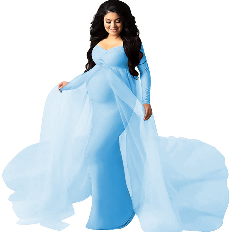 Spring and Summer Amazon AliExpress Hot 2024 Mesh Stitching Crewneck Long Sleeve Mesh Dress for Pregnant Women