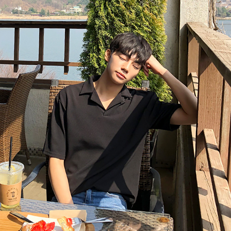 [Big Sale] Men's Summer Polo Shirt Pure Color Short-Sleeved T-Shirt Korean Style Trendyy Student Lapel T-Shirt Ins Versatile