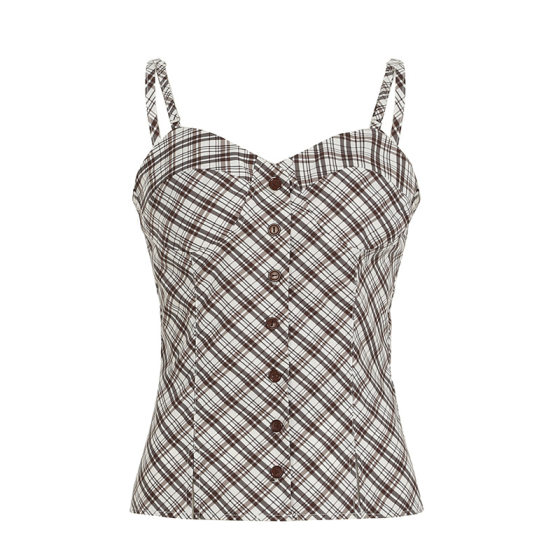 Sweet and Spicy Style Small V-neck Chest Waisted Plaid Sling 2024 Autumn American Style Retro Split Design Short Vest