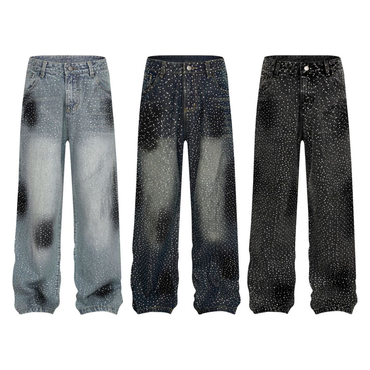 Retro American Chinese Style Couple Jeans Loose Wide Leg Floor Length Trousers With Rhinestones And Sparkles For Men Spring Autumn_mkmklike.com