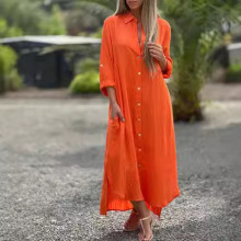 欧美大码女装2024春季跨境亚马逊衬衫长裙时尚休闲长袖开衫连衣裙